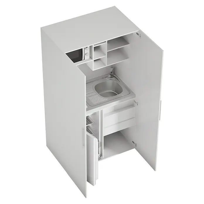 Respekta Cocina en armario Peter - Ancho: 104 cm, Blanco, Frigorífico, placa 2 fogones y microondas - Cocina compacta con fregadero, microondas y almacenamiento, ideal para espacios pequeños.