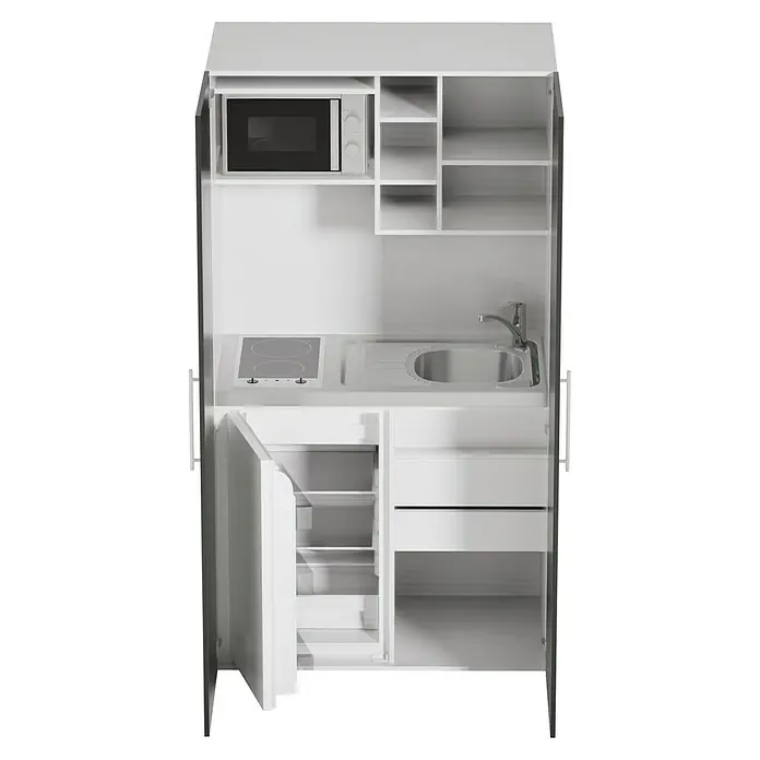 Respekta Cocina en armario Peter - Ancho: 104 cm, Negro, Con placa vitrocerámica y microondas - Imagen de un mini armario de cocina blanco con microondas, fregadero, hornilla y frigorífico. Ideal para espacios pequeños.