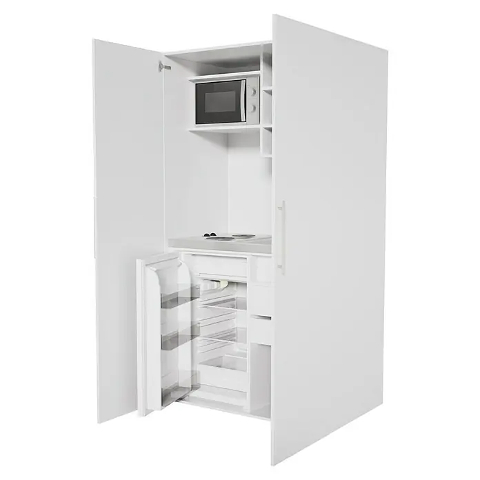 Respekta Cocina en armario Peter - Ancho: 104 cm, Blanco, Frigorífico, placa 2 fogones y microondas - Un armario de cocina blanco con puerta abierta, microondas y nevera ofrece almacenamiento y funcionalidad. Diseño compacto para cocinas pequeñas.