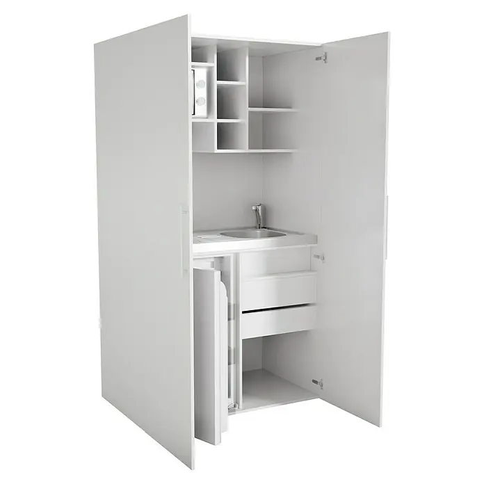 Respekta Cocina en armario Peter - Ancho: 104 cm, Blanco, Frigorífico, placa 2 fogones y microondas - Un armario de cocina blanco compacto con puertas abiertas, que muestra un fregadero, microondas y espacio de almacenamiento. Ideal para espacios pequeños.