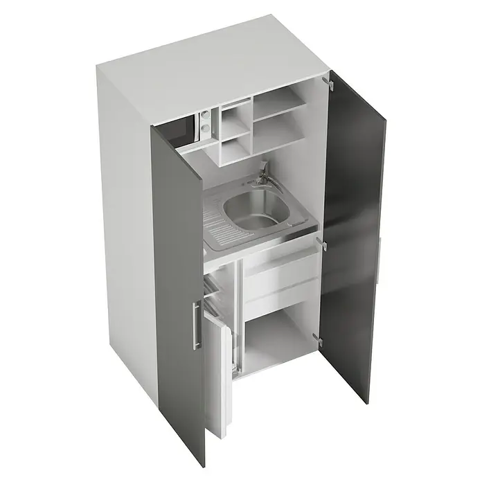 Respekta Cocina en armario Peter - Ancho: 104 cm, Gris, Placa de cocina doble y microondas - Una unidad de cocina compacta y versátil con fregadero, microondas y almacenamiento. Solución perfecta para espacios pequeños y pisos.