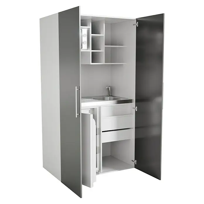 Respekta Cocina en armario Peter - Ancho: 104 cm, Gris, Placa de cocina doble y microondas - Cocina compacta con fregadero, microondas y amplio espacio de almacenamiento. Ideal para apartamentos pequeños y oficinas.