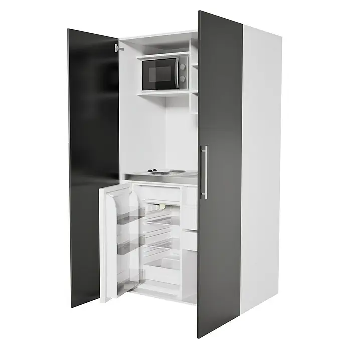 Respekta Cocina en armario Peter - Ancho: 104 cm, Negro, Placa de cocina doble y microondas - Mueble de cocina moderno con nevera abierta y microondas, diseño elegante en gris y blanco.