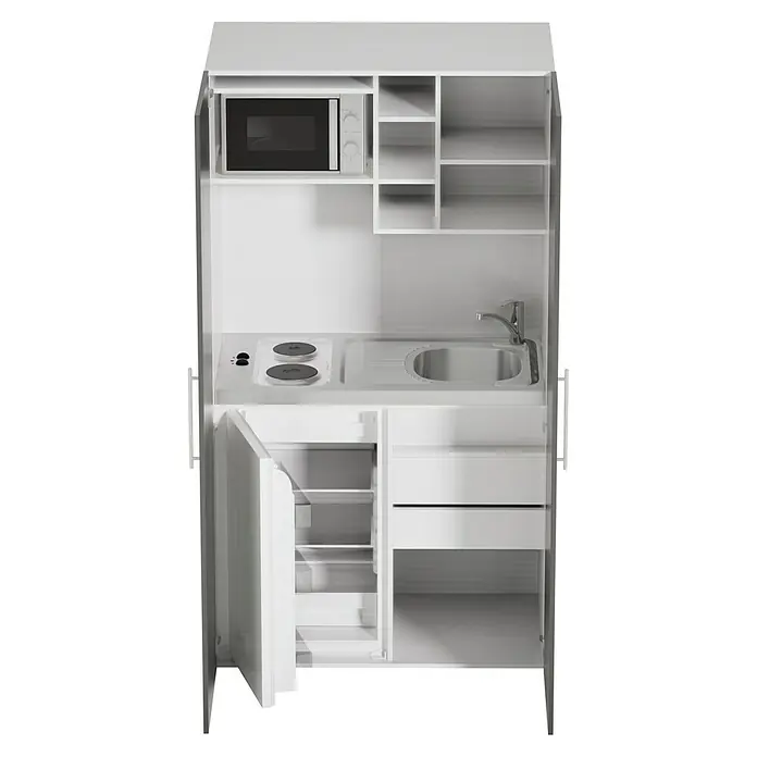 Respekta Cocina en armario Peter - Ancho: 104 cm, Gris, Placa de cocina doble y microondas - Cocina americana compacta con microondas, fogones, fregadero, nevera y cajones para espacios pequeños.