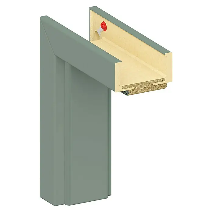 Classen PL Türzarge Kanion - 735 x 1.985 mm, Wandstärke: 120 mm, DIN Anschlag: Rechts, Uni Grün - Detailansicht einer Türzarge im Querschnitt, die ihre innere Konstruktion und Materialien zeigt. Ideal für Bauwesen & Design.