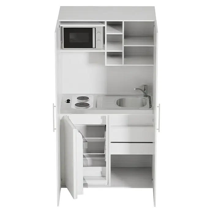 Respekta Cocina en armario Peter - Ancho: 104 cm, Blanco, Frigorífico, placa 2 fogones y microondas - Cocina compacta blanca con microondas, fogones, fregadero, nevera y cajones que ofrece funcionalidad en un espacio pequeño.