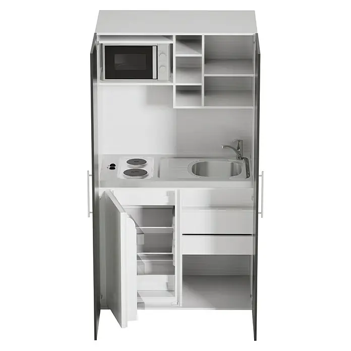 Respekta Cocina en armario Peter - Ancho: 104 cm, Negro, Placa de cocina doble y microondas - Esta imagen muestra una minicocina compacta y blanca equipada con microondas, vitrocerámica, fregadero, frigorífico y cajones. Una solución práctica para espacios pequeños.
