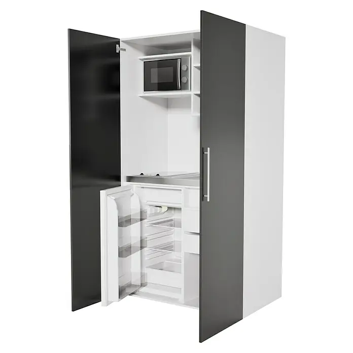 Respekta Cocina en armario Peter - Ancho: 104 cm, Negro, Con placa vitrocerámica y microondas - Un frigorífico compacto con microondas en un diseño de cocina moderno y elegante, ideal para espacios pequeños y una organización eficiente de la cocina.