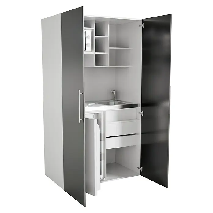 Respekta Cocina en armario Peter - Ancho: 104 cm, Negro, Con placa vitrocerámica y microondas - Armario de cocina compacto con fregadero, microondas y almacenamiento, ideal para espacios pequeños. Su diseño moderno ofrece funcionalidad en un área limitada.
