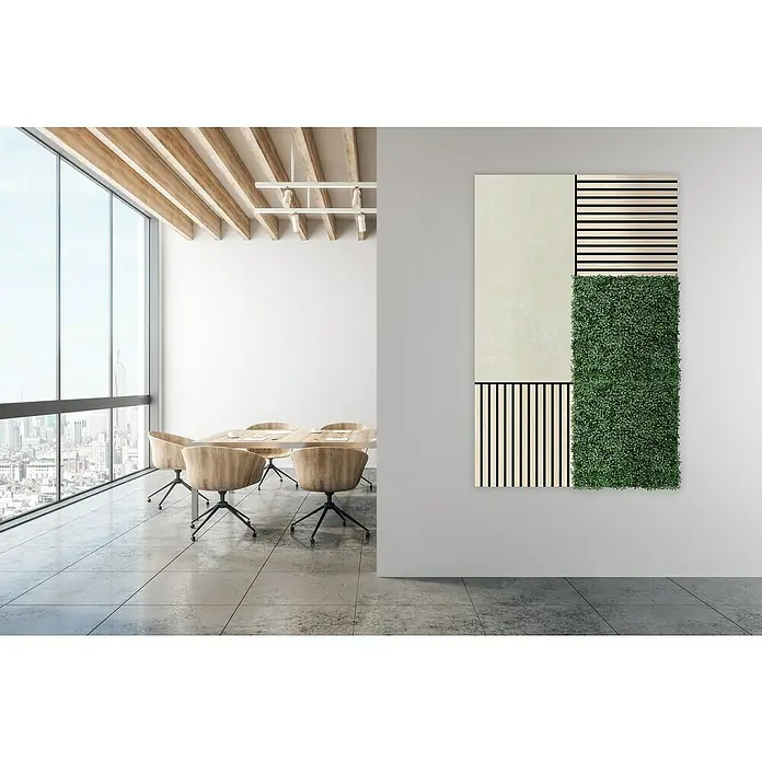 Jangal Wandpaneel Modular Wall Stone - Ivory Sandstone, 1.040 x 520 x 6 mm - Ein stilvolles Wandpaneel mit geometrischen Mustern und einem grünen Pflanzenteil, das einem modernen Büro eine natürliche Note verleiht.