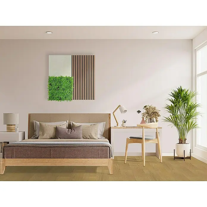Jangal Wandpaneel Modular Wall Stone - Ivory Sandstone, 520 x 520 x 6 mm - Schlafzimmer mit modernem Bett, Schreibtisch und Zimmerpflanze, die eine entspannende und stilvolle Atmosphäre schaffen.