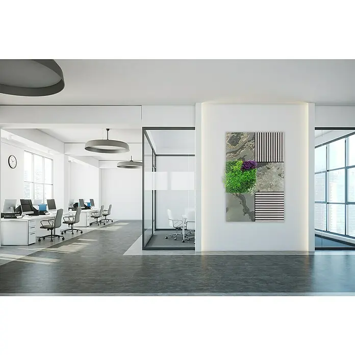 Jangal Wandpaneel Modular Wall Stone - Diamond Slate, 520 x 520 x 6 mm - Modernes Büro mit einer Wanddekoration, die Pflanzen, Steine und Streifen kombiniert und eine natürliche, beruhigende Atmosphäre schafft.