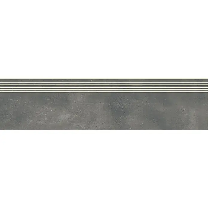 Stufen- & Abdeckplatte Big Show XXL - 119,8 x 29,8 cm, Grafit, Glasiert - Graue Fliesenleiste mit drei weißen Linien, ideal für moderne und stilvolle Innenräume. Diese Leiste verleiht jedem Raum eine elegante Note.