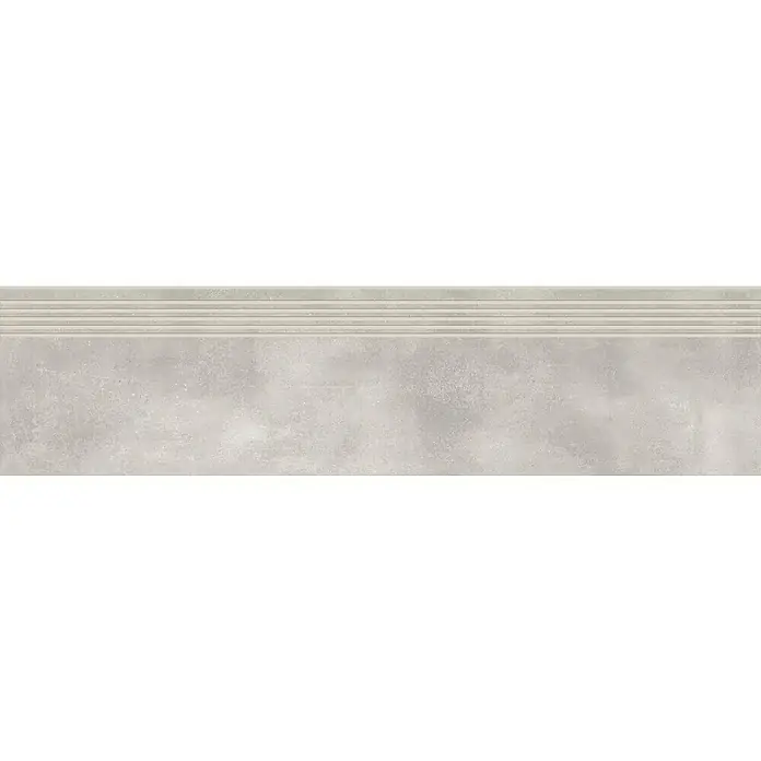 Stufen- & Abdeckplatte Big Show XXL - 119,8 x 29,8 cm, Grau, Glasiert - Nahaufnahme einer grauen Treppenfliese mit Rillen für mehr Halt. Ideal für Innen- und Außenbereiche.