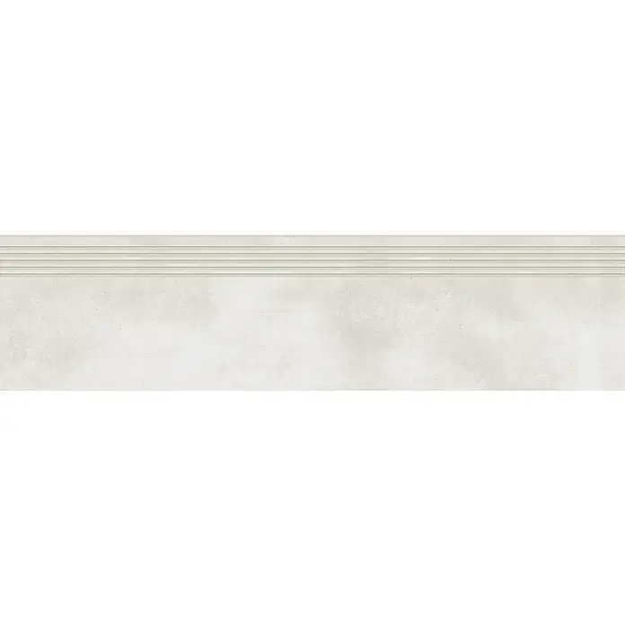 Stufen- & Abdeckplatte Big Show XXL - 119,8 x 29,8 cm, Weiß, Glasiert - Ein beigefarbenes Treppenstufenelement mit Rillen für mehr Sicherheit und einen modernen Look, ideal für Innen- und Außenbereiche.