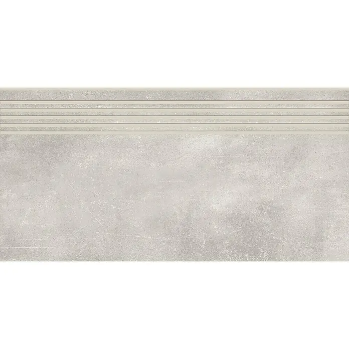 Stufen- & Abdeckplatte Big Show XXL - 59,8 x 29,8 cm, Grau, Glasiert - Nahaufnahme einer stilvollen, hellgrauen Keramikfliese mit dekorativen, gerippten Akzenten, ideal für moderne Innenräume.