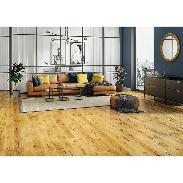 Parkett - Eiche Vintage natur geölt, Landhausdiele, 1.092 x 155 x 14 mm - Wohnzimmer mit hellbraunem Sofa, Couchtisch und Holzboden, der eine warme und einladende Atmosphäre schafft.