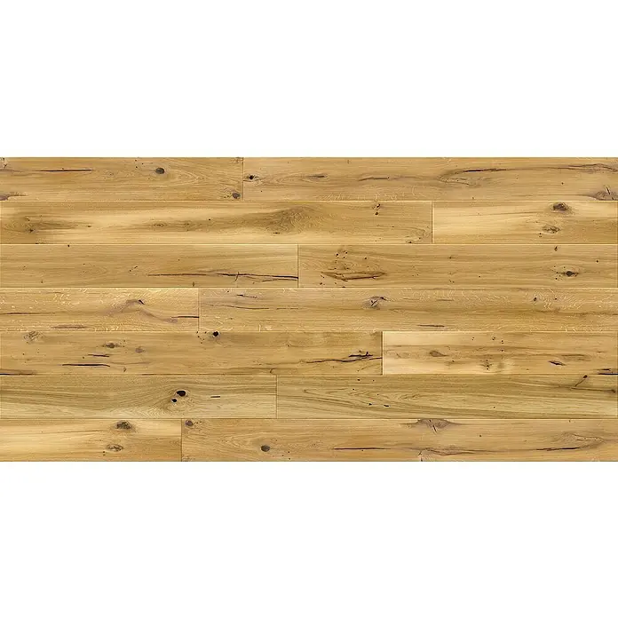 Parkett - Eiche Vintage natur geölt, Landhausdiele, 1.092 x 155 x 14 mm - Nahaufnahme eines hellbraunen Holzbodenbelags mit sichtbarer Maserung und Astlöchern für ein natürliches Aussehen.