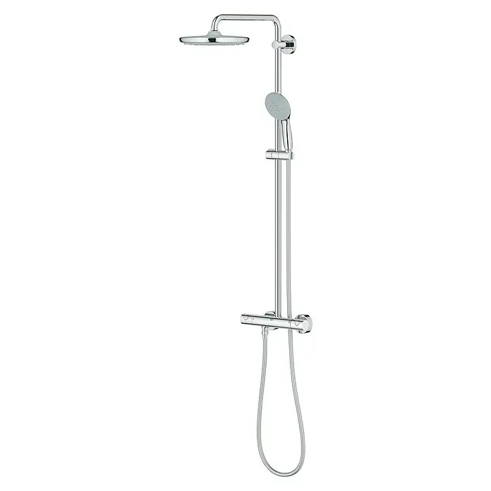 Grohe Vitalio Start Duschsystem 250 - Höhe: 115 cm, Anzahl Strahlarten: 3 Stk., Chrom - Detaillierte Aufnahme eines Duschsystems mit Kopf- und Handbrause in Chromoptik, das modernes Design und Funktionalität vereint.