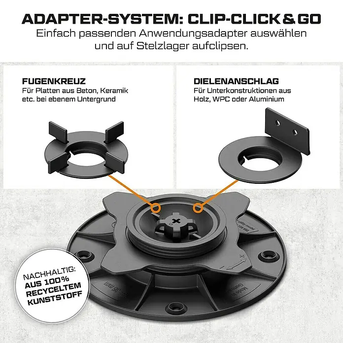 Langfit Stelzlager-Set M - Höhenverstellung: 18 mm - 36 mm, Kunststoff - Adapter-System Clip-Click & Go: Anwendungsadapter für Stelzlager, mit Fugenkreuz für Betonplatten und Dielenanschlag für Holzunterkonstruktionen.