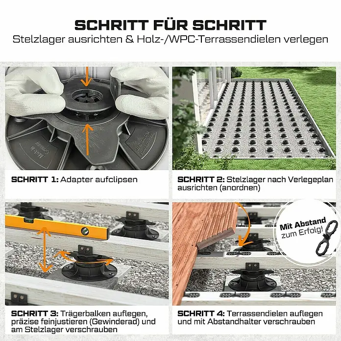 Langfit Stelzlager-Set M - Höhenverstellung: 18 mm - 36 mm, Kunststoff - Anleitung zum Verlegen von Terrassendielen mit Stelzlagern: Adapter befestigen, Stelzlager ausrichten, Trägerbalken montieren und Dielen verschrauben.