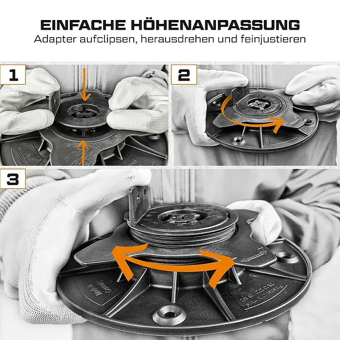 Langfit Stelzlager-Set M - Höhenverstellung: 18 mm - 36 mm, Kunststoff - Höhenanpassung eines Adapters in drei Schritten. Der Adapter wird aufgesteckt, herausgedreht und feinjustiert für eine einfache Bedienung.