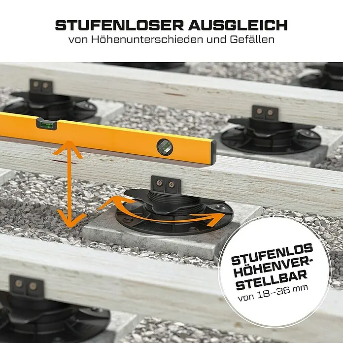 Langfit Stelzlager-Set M - Höhenverstellung: 18 mm - 36 mm, Kunststoff - Das Bild zeigt höhenverstellbare Terrassenlager zum stufenlosen Ausgleich von Höhenunterschieden und Gefällen.