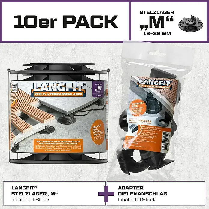 Langfit Stelzlager-Set M - Höhenverstellung: 18 mm - 36 mm, Kunststoff - Produktbild von Langfit Stelzlager "M" und Dielenanschlag Adapter, jeweils im 10er-Pack.