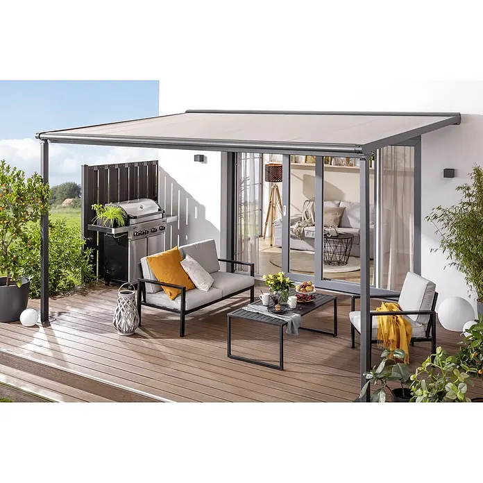 Sunfun Pergolamarkise - Breite: 4 m, Ausfall: 3 m - Bild einer Terrassenüberdachung mit Möbeln. Die Überdachung spendet Schatten für entspannte Stunden im Freien.
