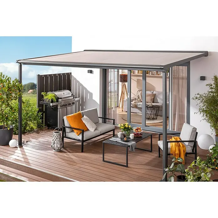 Sunfun PergolamarkiseBreite: 4 m, Ausfall: 3 m - Bild einer Terrassenüberdachung mit Möbeln. Die Überdachung spendet Schatten für entspannte Stunden im Freien.