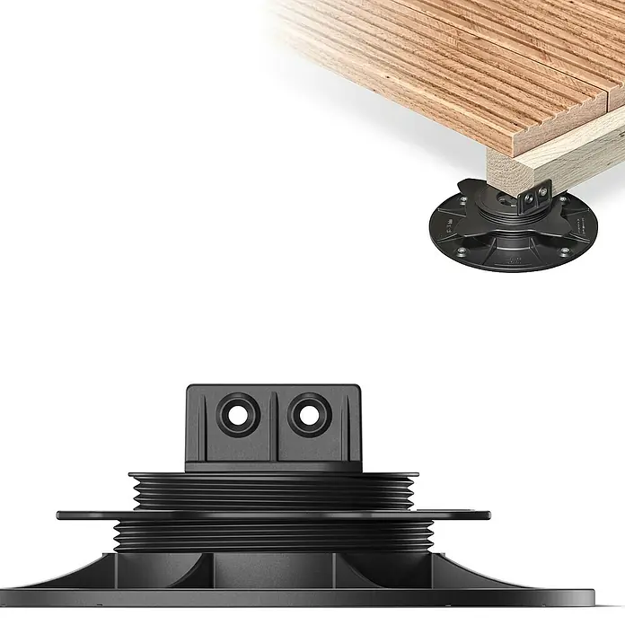Langfit Stelzlager-Set M - Höhenverstellung: 18 mm - 36 mm, Kunststoff - Die höhenverstellbare Terrassenlager mit einer Basis und einem Holzunterbau für eine stabile und anpassbare Terrassenkonstruktion.