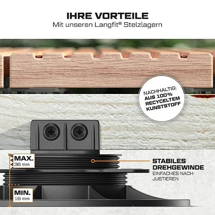 Langfit Stelzlager-Set M - Höhenverstellung: 18 mm - 36 mm, Kunststoff - Detailaufnahme eines Langfit® Stelzlagers, das aus 100 % recyceltem Kunststoff besteht und eine einfache Höhenverstellung ermöglicht.
