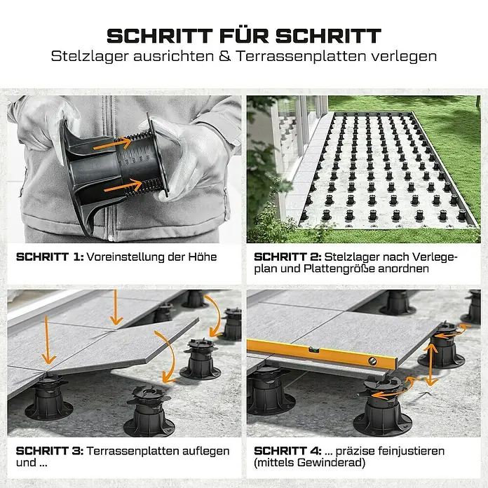 Langfit Stelzlager-Set XL - Höhenverstellung: 83 mm - 203 mm, Kunststoff - Anleitung zum Verlegen von Terrassenplatten mit justierbaren Stelzlagern für präzise Ausrichtung und Nivellierung.