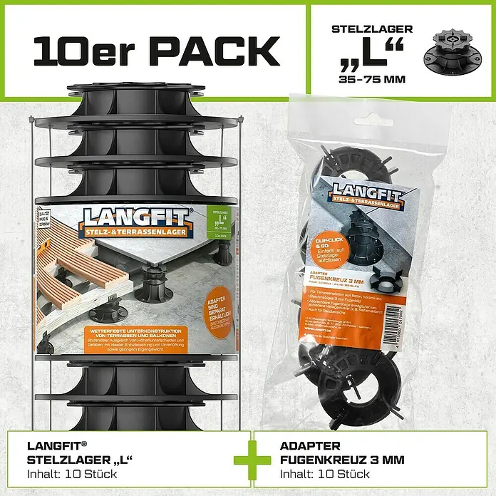 Langfit Stelzlager-Set L - Höhenverstellung: 35 mm - 75 mm, Kunststoff - Langfit Stelzlager "L" 10er Pack und Adapter Fugenkreuz 3 mm 10er Pack. Ideal für Terrassen und Balkone.