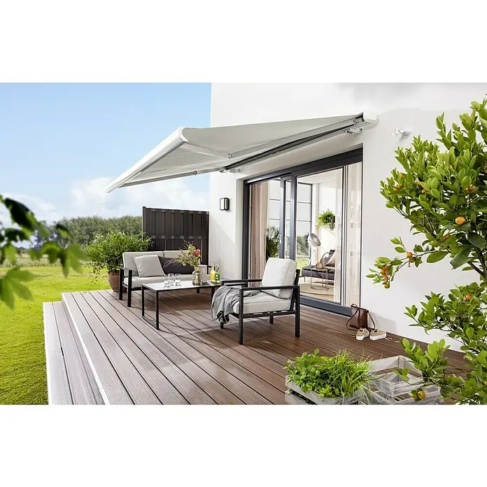 Philips Hue LED-Außenwandleuchte Impress - 8 W, 11,7 x 19 x 24 cm, Schwarz, IP44 - Helle Terrassenmarkise, die Schatten spendet. Die Markise bietet Schutz vor Sonne und sorgt für ein angenehmes Ambiente im Freien.