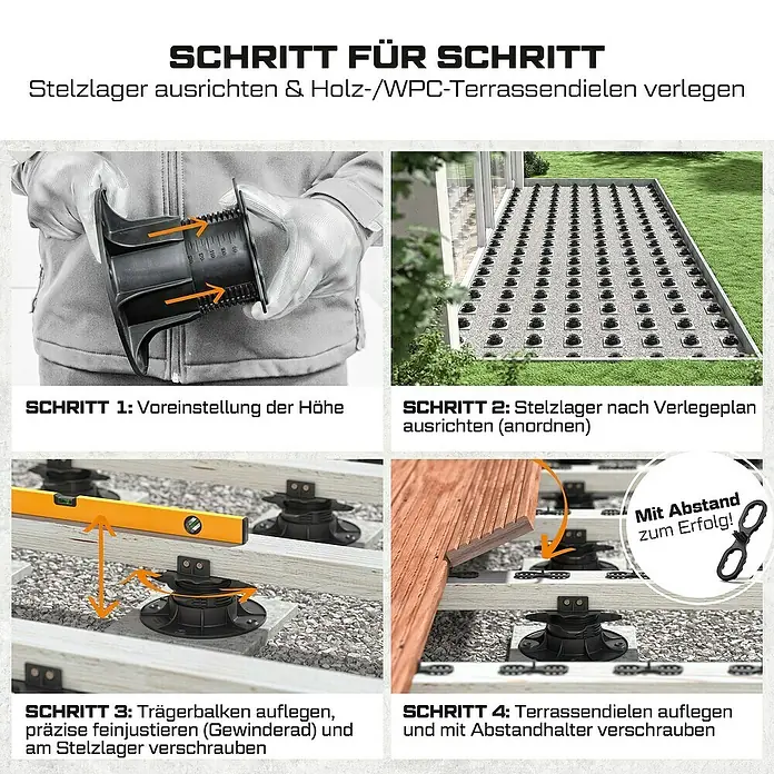 Langfit Stelzlager-Set L - Höhenverstellung: 35 mm - 75 mm, Kunststoff - Anleitung zum Verlegen von Holz-/WPC-Terrassendielen mit Stelzlagern. Schritt-für-Schritt-Anleitung zur korrekten Installation.