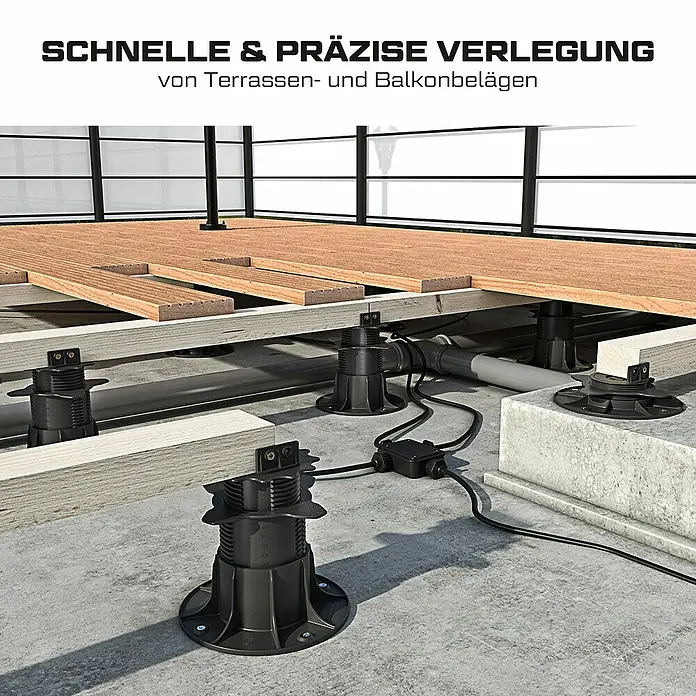 Langfit Stelzlager-Set XL - Höhenverstellung: 75 mm - 195 mm, Kunststoff - Schnelle & präzise Verlegung von Terrassen- und Balkonbelägen. Die schwarzen, verstellbaren Terrassenfüße sorgen für einen sicheren und stabilen Aufbau.