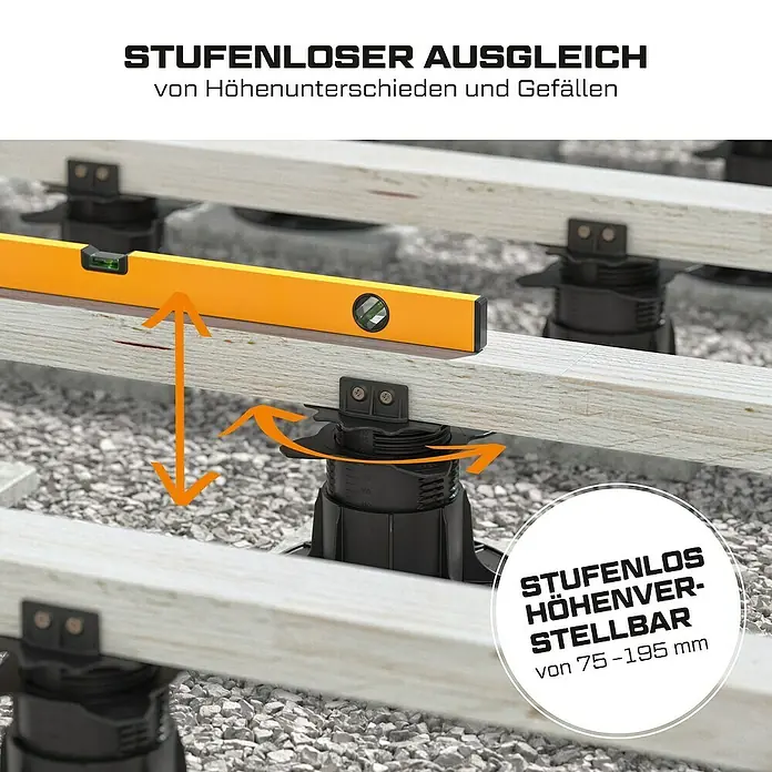 Langfit Stelzlager-Set XL - Höhenverstellung: 75 mm - 195 mm, Kunststoff - Bild einer stufenlos höhenverstellbaren Terrassenlager zur Ausrichtung von Terrassendielen.