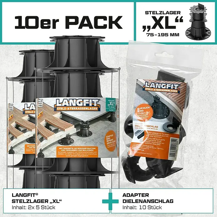Langfit Stelzlager-Set XL - Höhenverstellung: 75 mm - 195 mm, Kunststoff - Produktabbildung von Langfit Stelzlager "XL" 10er Packung und Dielenanschlag Adapter.