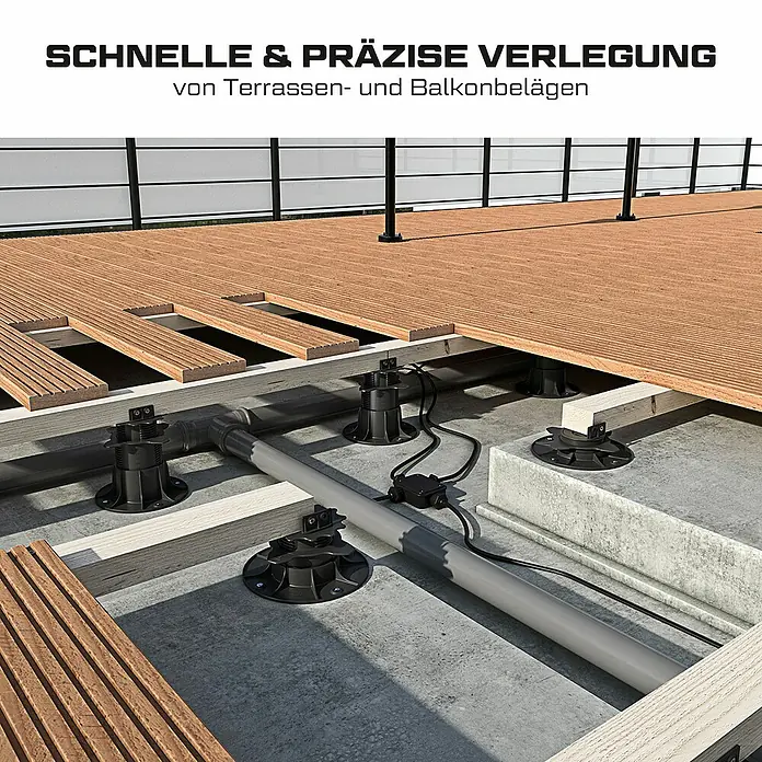 Langfit Stelzlager-Set L - Höhenverstellung: 35 mm - 75 mm, Kunststoff - Das Bild zeigt das Unterkonstruktionssystem für Terrassenbeläge mit verstellbaren Stelzlagern und einer grauen Rohrleitung.