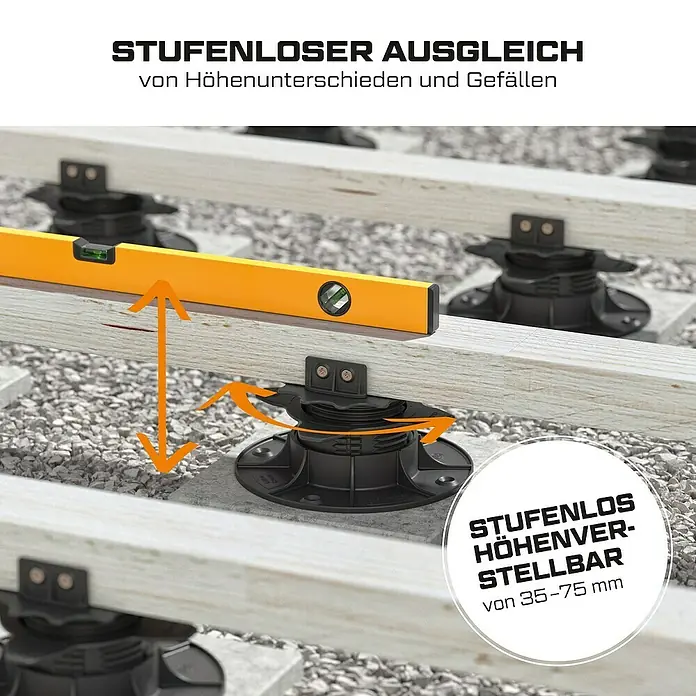 Langfit Stelzlager-Set L - Höhenverstellung: 35 mm - 75 mm, Kunststoff - Bild eines stufenlos höhenverstellbaren Terrassenlagers zum Ausgleich von Höhenunterschieden, mit Wasserwaage und Pfeilen zur Illustration.