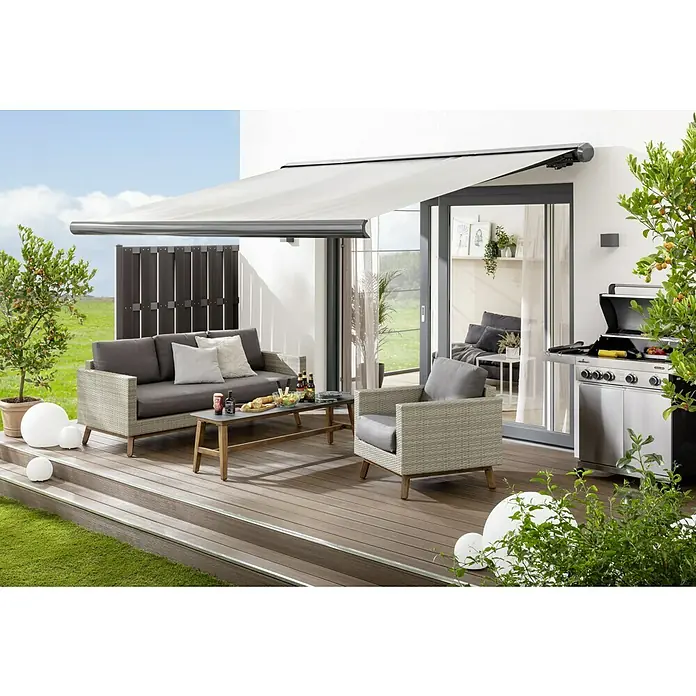 Starlux LED-Außenwandleuchte Umea - 8 W, 10 x 10 x 10 cm, Anthrazit, IP54 - Terrassenmöbel-Set mit Markise, bestehend aus Sofa, Sessel und Tisch. Ideal für entspannte Stunden im Freien. Grill für perfekte Grillabende.