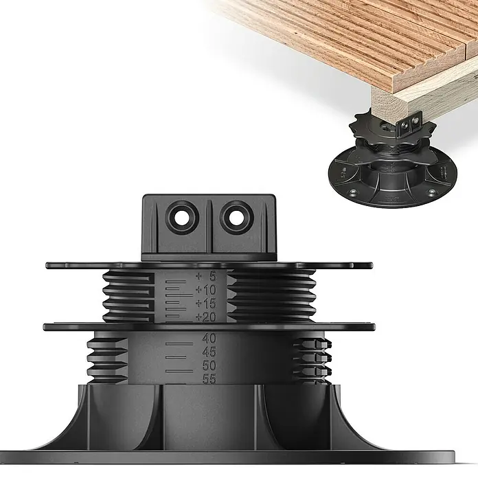 Langfit Stelzlager-Set L - Höhenverstellung: 35 mm - 75 mm, Kunststoff - Verstellbare Terrassenlager im Detail und als Anwendungsbeispiel mit Holzdielen. Der Höhenausgleich ermöglicht präzise Konstruktionen.