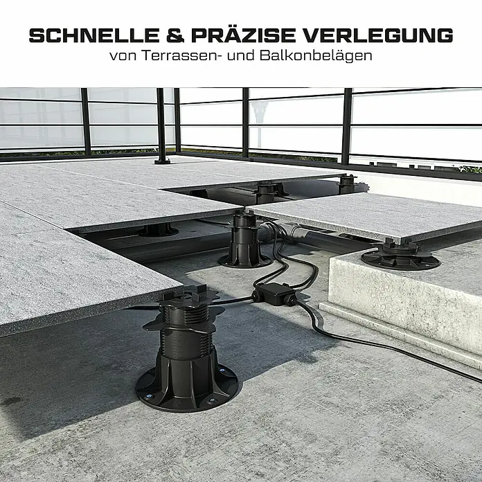 Langfit Stelzlager-Set XL - Höhenverstellung: 83 mm - 203 mm, Kunststoff - Schnelle & präzise Verlegung. Das Bild zeigt Terrassen- und Balkonbeläge, die auf schwarzen Stelzlagern verlegt sind. Ein Outdoor-Bodenbelag System.