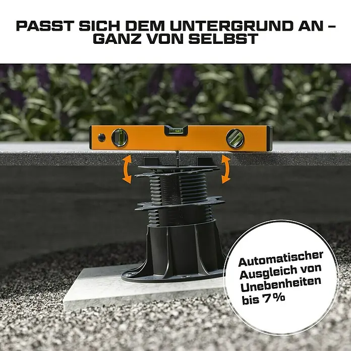 Langfit Stelzlager-Set XL - Höhenverstellung: 83 mm - 203 mm, Kunststoff - Das Bild zeigt einen höhenverstellbaren Terrassenfuß, der Unebenheiten ausgleicht. Er ermöglicht eine ebene Fläche, selbst auf unebenem Untergrund.
