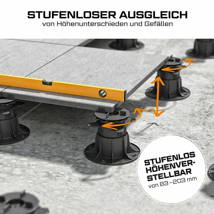 Langfit Stelzlager-Set XL - Höhenverstellung: 83 mm - 203 mm, Kunststoff - Bild einer stufenlos höhenverstellbaren Terrassenlager mit Nivellierfunktion für Terrassenplatten und Gehwegplatten.