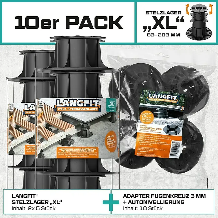 Langfit Stelzlager-Set XL - Höhenverstellung: 83 mm - 203 mm, Kunststoff - Bild zeigt ein Langfit Stelzlager "XL" 10er Pack, inklusive Fugenkreuz-Adapter. Ideal für Terrassen und Balkone.