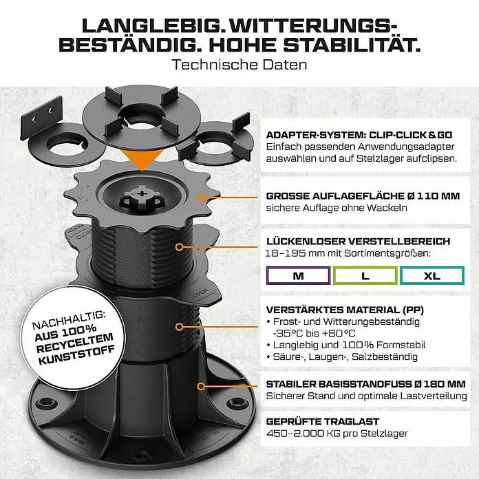 Langfit Stelzlager-Set XL - Höhenverstellung: 75 mm - 195 mm, Kunststoff - Produktbild eines höhenverstellbaren Stelzlagers, robust, witterungsbeständig und für Lasten von 450-2.000 KG geeignet.