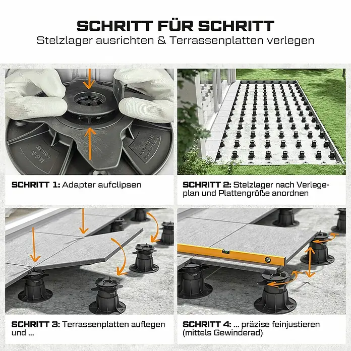 Langfit Stelzlager-Set M - Höhenverstellung: 18 mm - 36 mm, Kunststoff - Schrittweise Anleitung zur Installation von Stelzlagern und Terrassenplatten.