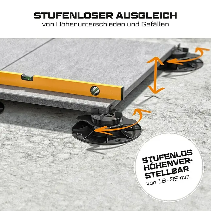 Langfit Stelzlager-Set M - Höhenverstellung: 18 mm - 36 mm, Kunststoff - Höhenverstellbare Terrassenlager zum Ausgleich von Unebenheiten und Gefällen. Die stufenlose Höheneinstellung ermöglicht eine präzise Anpassung von 18–36 mm.